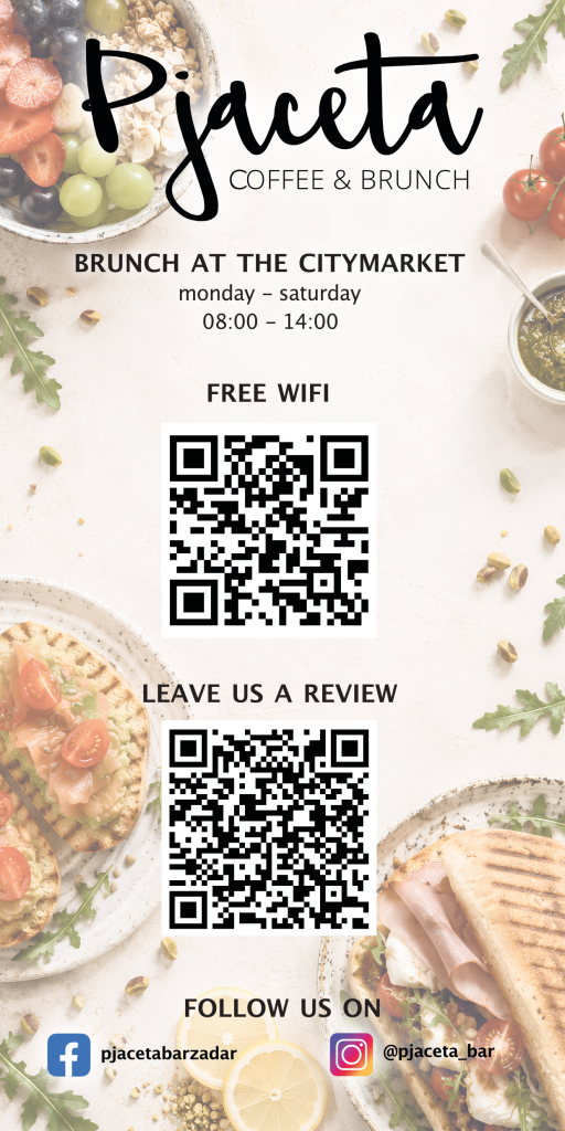 Rückseite des Pjaceta-Food-Flyers mit Brunchzeiten, WLAN, Google Reviews und Social-Media-Kanälen
