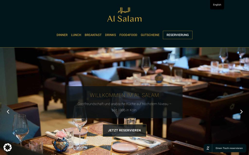 Desktopansicht der Al-Salam-Website mit Navigation und Restaurantmotiv