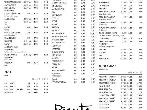 Pjaceta Bar – Drinks-Karte