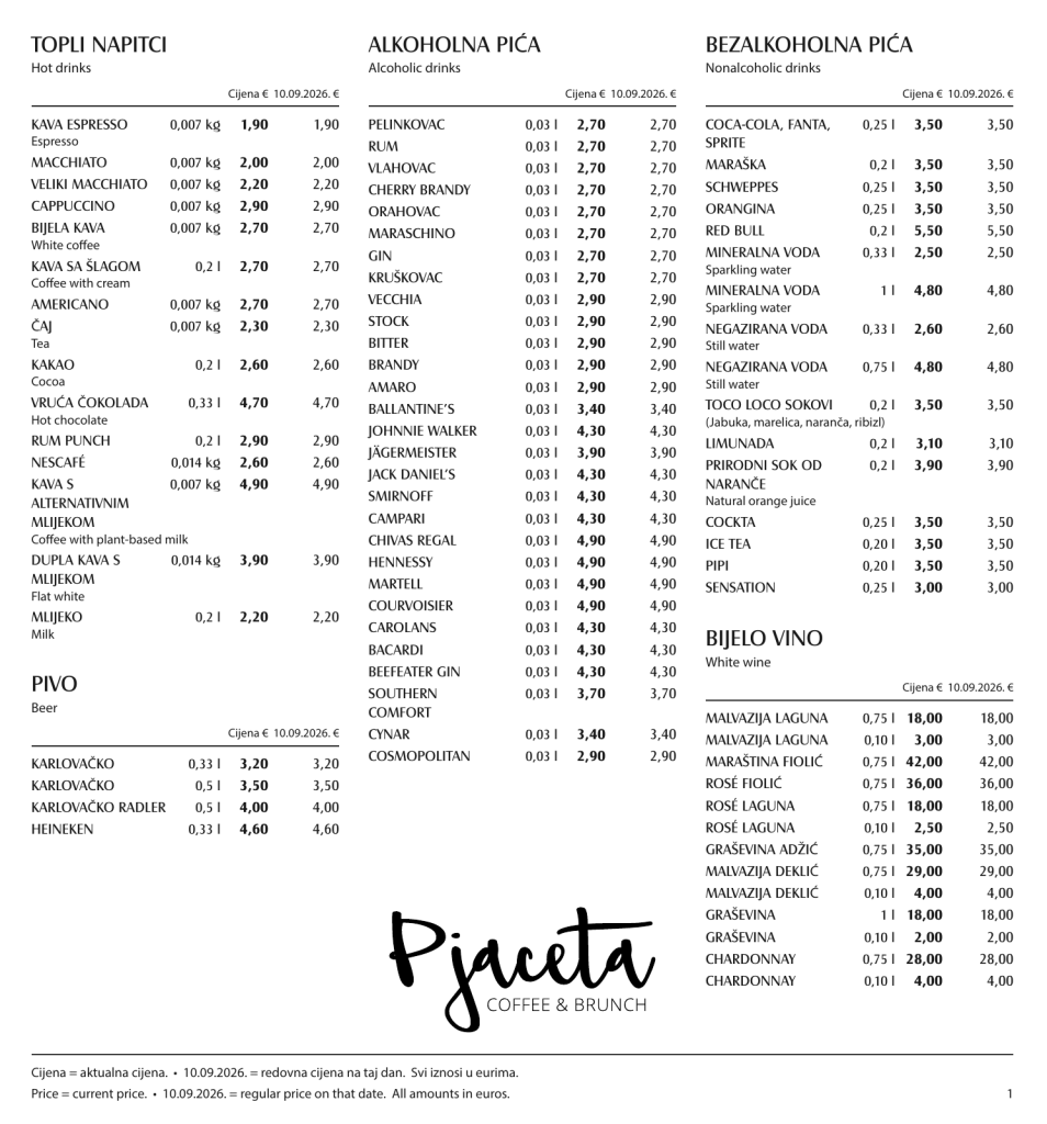 Erste Seite der Pjaceta-Drinks-Karte