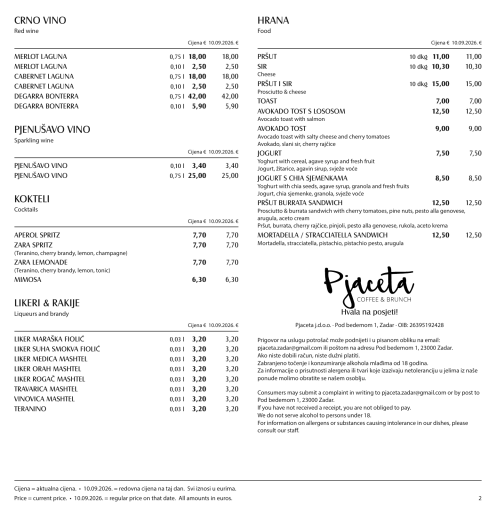 Zweite Seite der Pjaceta-Drinks-Karte